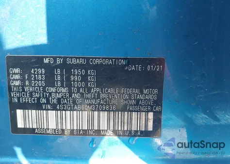 2021 Subaru Impreza 5-Door из США, поврежденный, VIN 4S3GTAB60M3709836